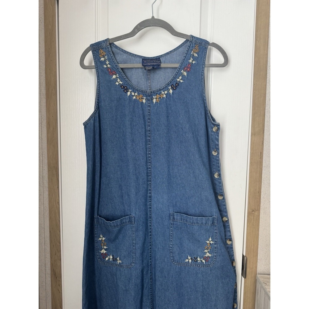 Willow Ridge Denim Jumper Dress Embroidered Floral Button Side Women's Medium